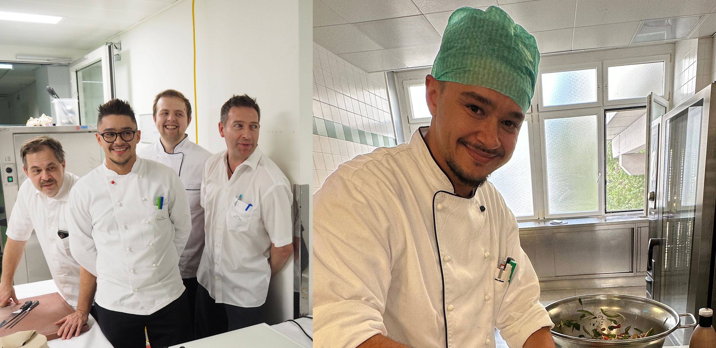 Collage links: der junge Küchenchef mit Team in Arbeitskleidung in der Küche, der Küchenchef heute mit Kochhaube beim Zubereiten.